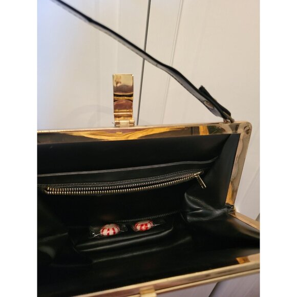 Vintage 60s Black Patent Handbag Gold Clasp Retro Twee Grandma Marilyn Monroe - Picture 5 of 6